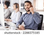 Portrait, call center and customer service with a man consulting using a headset in his support office. CRM, contact us or telemarketing with a male consultant working in an agency for communication