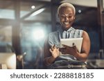 Small photo of Smile, tablet and search with black woman in office for technology, corporate and communication. Social media, connection and internet with female and online for networking, email and website