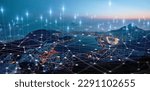 Small photo of City, landscape and overlay in night for network, connectivity or iot infrastructure development in Cape Town. Metro, cbd and skyline with 3d holographic for cloud computing, connection or innovation