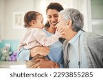 Small photo of Grandmother, mother and baby in home for playing, quality time and bonding together in living room. Love, happy family and mom carrying child with grandma play for loving, affection and happiness