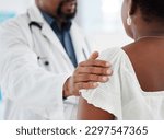 Doctor, hands and touch shoulder of patient for support, comfort and kindness. Healthcare, consultation and medical professional talking with black woman for empathy, bad news or cancer diagnosis.