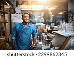 Small photo of Coffee shop, barista and happy black man in restaurant for service, working and thinking in cafe. Small business owner, bistro startup and male entrepreneur smile in cafeteria counter ready to serve