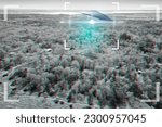 Small photo of UFO, aliens and camera viewfinder with a spaceship flying in the sky over area 51 for an invasion. Camcorder, spacecraft and conspiracy theory with a saucer on a display to record an alien sighting