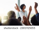 Small photo of Back, business people and hands raised for questions at conference, seminar or meeting. Group, audience and hand up for question, asking or answer, crowd vote and training at workshop presentation.