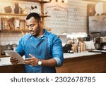 Search, tablet and manager with man in cafe for online, entrepreneurship and startup. Waiter, technology and food industry with small business owner in restaurant for barista, network and coffee shop