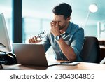 Small photo of Eye strain, headache and business man at laptop with stress, mental health problem and brain fog. Tired, frustrated and confused worker at computer with fatigue, burnout and pain of vertigo in office