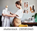 Fashion, happy woman and designer with mannequin, creative small business and smile. Happiness, creativity and tailor in boutique with dress design on doll at textile manufacturing start up studio.