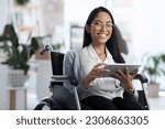 Happy, portrait and woman with a disability and a tablet for communication and graphic design. Smile, creative and a website designer in a wheelchair with technology for web and software analysis