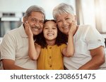 Small photo of Girl child, grandparents and portrait on sofa with smile, happiness or bond with love in family home. Elderly man, senior woman and young female kid with hand, face or care on lounge couch on holiday