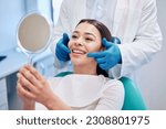 Small photo of Dentist, mirror and woman check smile after teeth cleaning, braces and dental consultation. Healthcare, dentistry and happy female patient with orthodontist for oral hygiene, wellness and cleaning