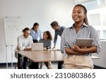 Small photo of Smile, boardroom and portrait of a black woman with a tablet for training, meeting or teamwork. Happy, business and a corporate employee with technology in a work office for company planning