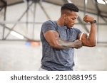 Black man, tape measure and bicep with muscle and strong athlete, weightlifting and fitness in gym. Power, challenge and arm measurement, male person with exercise and bodybuilding with mockup space