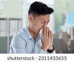 Sick, blowing nose and virus with asian man in office for illness, influenza and allergy. Sneeze, bacteria and disease with male employee and tissue in corporate business for allergies and congestion