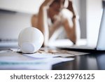 Small photo of Laptop, stress and woman spill coffee, mistake or accident in office workplace. Depression, spilling tea and documents, paperwork and person with headache, migraine and error, problem or clumsy.