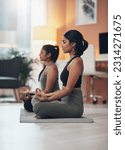 Small photo of Friends, meditation and zen women together in a house for mindfulness, health and relax wellness. Indian sisters or female family meditate in lounge for yoga, lotus and mental health balance at home