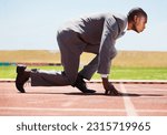Small photo of Business, start and black man with focus, race track and competition with determination, run and goal. Male person, entrepreneur or employee in a suit, marathon and runner with a challenge and career
