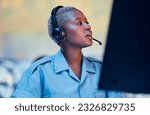 Small photo of Security dispatch, communication headset and black woman talking, speaking and check surveillance system. Conversation, support consultation and helping African person chat about crime safety service
