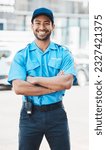 Small photo of Portrait, security guard or safety officer man on the street for protection, patrol or watch. Law enforcement, happy and crime prevention worker or asian male in uniform in city with service smile
