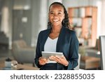 Small photo of Portrait, lawyer and black woman with tablet, smile and happy in office workplace. African attorney, technology and face of professional, female advocate and legal advisor from Nigeria in law firm.
