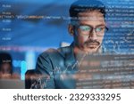 Small photo of Computer, coding hologram and business man in data analysis, code html or software overlay at night. Programmer or person in glasses or screen reflection, programming stats and cybersecurity research
