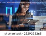 Tablet, lock security and woman in hologram for data safety, software, password or coding in information technology. Cybersecurity, html overlay and person for digital analytics and research of gdpr