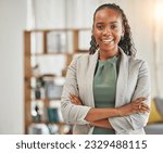 Portrait, black woman and smile with arms crossed in office for confidence, corporate pride and professional lawyer in Nigeria. Happy african female advocate working in company, law firm and business