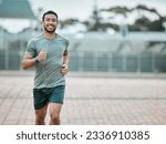 Small photo of Sports, portrait and male athlete running with earphones for music, radio or podcast for motivation. Fitness, exercise and man runner in outdoor cardio workout routine for race or marathon training.