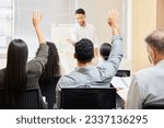 Small photo of Business presentation, audience and people hands for questions in training, workshop or feedback. Seminar, coaching and crowd with hand vote, answer or idea for mentor, speaker or business man leader
