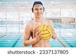 Small photo of Teenager, boy and ball, water polo with sports and smile in portrait at indoor swimming pool. Young male player, high school athlete and swimmer with fitness, health and game, happy with exercise