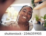 Small photo of Smile, selfie and face of a young black woman for social media, happiness or positive attitude. Portrait of African person with freedom, motivation and confidence to relax at home for profile picture