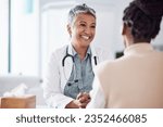 Small photo of Happy, mature or doctor consulting a patient in meeting in hospital for healthcare help, feedback or support. People, medical or nurse with black woman talking or speaking of test results or advice
