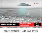 Small photo of UFO, spaceship and alien in sky, earth or nature in breaking news, broadcast background or television recording. Spacecraft, glow and research or surveillance with warning sign, scifi or tv broadcast