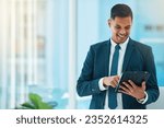 Small photo of Business man, tablet and typing in office mockup for stock market research, data analytics and management. Happy corporate worker, employee or trader scroll on digital technology or trading software