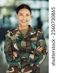 Small photo of Portrait, military and woman with arms crossed, smile and war with protection, confident and power. Person, security and lady warrior proud, hero and ready for army, service or training for combat