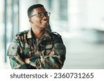 Soldier with smile, confidence and arms crossed at army building, pride and happy professional in sevice. Military career, security and courage, black man in camouflage uniform at government agency.