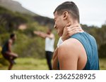 Small photo of Fitness, nature or athlete with neck pain in exercise, body training injury or outdoor workout. Sports man, stress or hurt personal trainer with anxiety, accident or muscle problem emergency in park