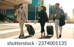 Small photo of Business people, team walking and travel with suitcase in city for corporate, job opportunity and networking. Professional woman and men talking at outdoor hotel or on the way to airport with luggage