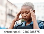 Small photo of Black woman, police and headache in stress, anxiety or burnout in the city for justice or law enforcement. Tired female person or officer in pain, depression or overworked in street of an urban town