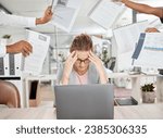 Stress, burnout and woman with a headache from paperwork deadline and overwhelmed from multitasking workload. Fatigue and frustrated employee with anxiety from office admin and time management chaos