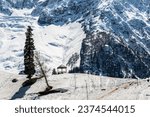 Small photo of Kashmir Snow mountains - Snow covered Kashmir is truly winter wonderland, Winter season, Gulmarg, hill station, a popular tourist skiing destination, Kashmir, India