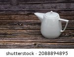 White Tea Pot Ceramic Wooden...