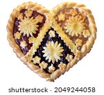Heart-shaped baked pie with fruit filling isolated on white background.