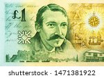 Robert Louis Stevenson portrait on 1 Scottish pound 1994 banknotes. Scottish world-famous writer. Scotland money. Closeup Collection.