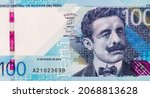Small photo of Pedro Paulet, a Peruvian diplomat and scientist who was fascinated by aeronautics and who dreamed of flying to the moon. Portrait from Peru 100 Soles 2021 Banknotes.