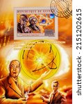 Small photo of Neil Bohr Nobel Physics, Atomic Structure, Einstein, Guinea 2012, Bangkok - Thailand, 30, April, 2022. A Stamp.