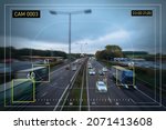 Ai tracking traffic automobile vehicle car recognizing speed limit and information system, security surveillance camera monitoring motorway traffic tracking artificial intelligent technology.