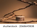 Small photo of Rustic podium of cylinder shape stump, and dried branches on beige background. Product, cosmetic, perfume, jewellery mock up.