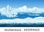 Cartoon nature winter arctic ice landscape with iceberg, snow mountains hills and penguins. Vector game style illustration. Background for games