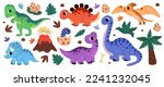 Set of cute baby jurassic dinosaurs, egg, leaf, volcano. Childish prehistoric dino paleontology. Brontosaurus, velociraptor, triceratops, tirex, tyrannosaurus, pterodactylus. Cartoon vector.