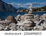 Stone Cairn By Mountain Lake...